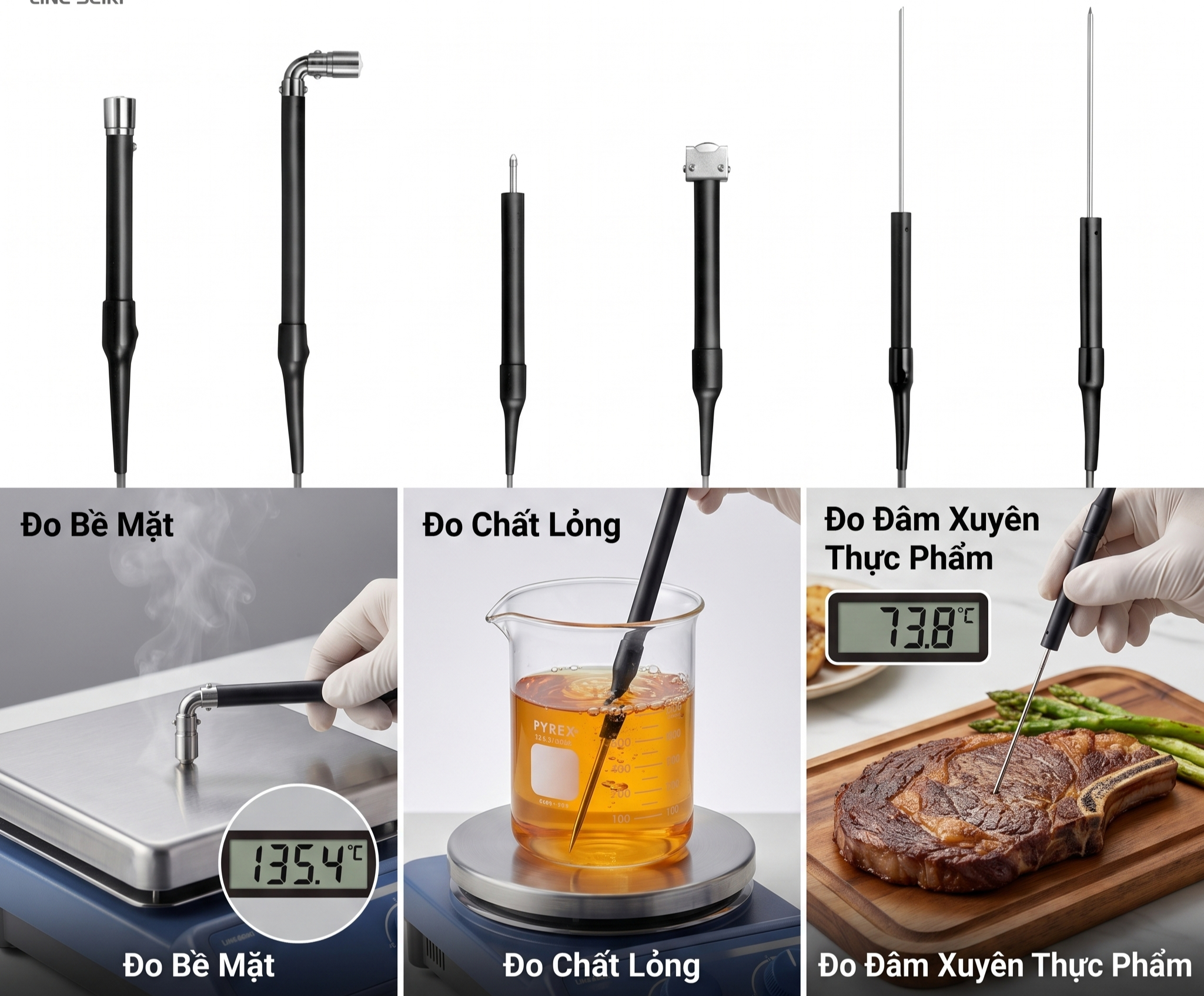 Hệ thống đầu dò (Thermocouple Probes) đa dạng của Line Seiki, từ đo bề mặt, đo chất lỏng đến đo đâm xuyên thực phẩm