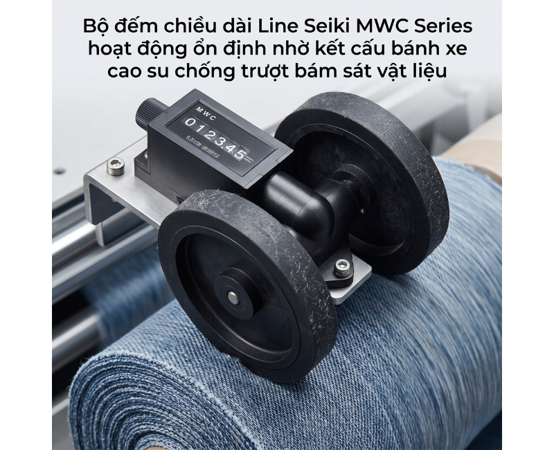 Bộ đếm chiều dài Line Seiki MWC Series hoạt động ổn định nhờ kết cấu bánh xe cao su chống trượt bám sát vật liệu